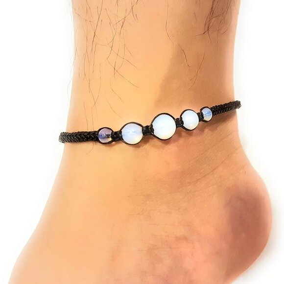 888 Opal Moonstone Anklet Bracelet Macrame Braided woven wax cord adjustable Ank - Picture 6 of 9
